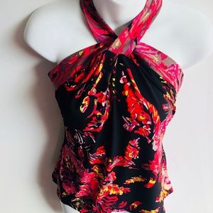 Tahari Halter Blouse Size Small Red Black Floral